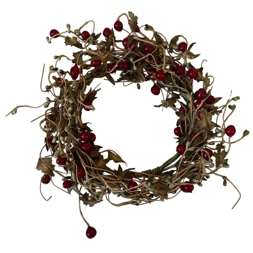 Rustic Berry Leaf Candle Ring Wreath Autumn Fall Decor 8